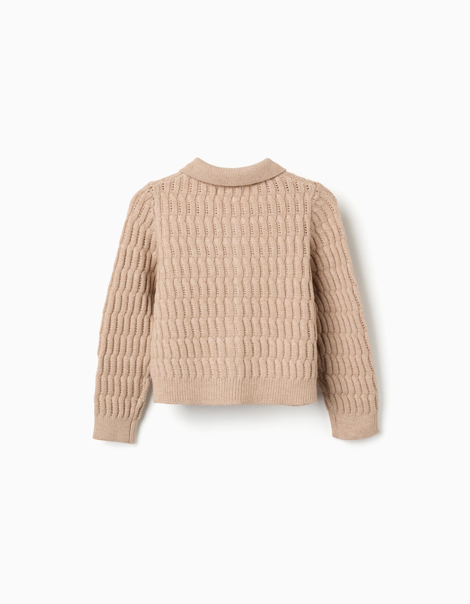 Cardigan in cable and openwork knit for girls, beige