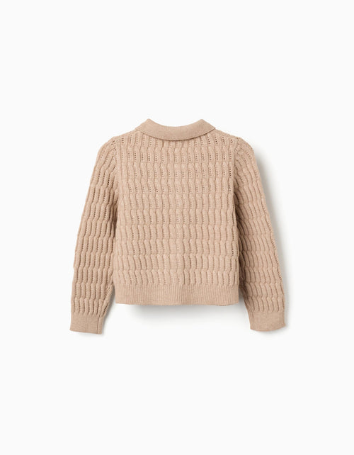 Cardigan in cable and openwork knit for girls, beige