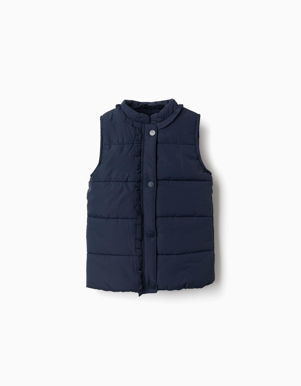 Puffer vest with polar fleece lining and ruffles for girls, navy blue