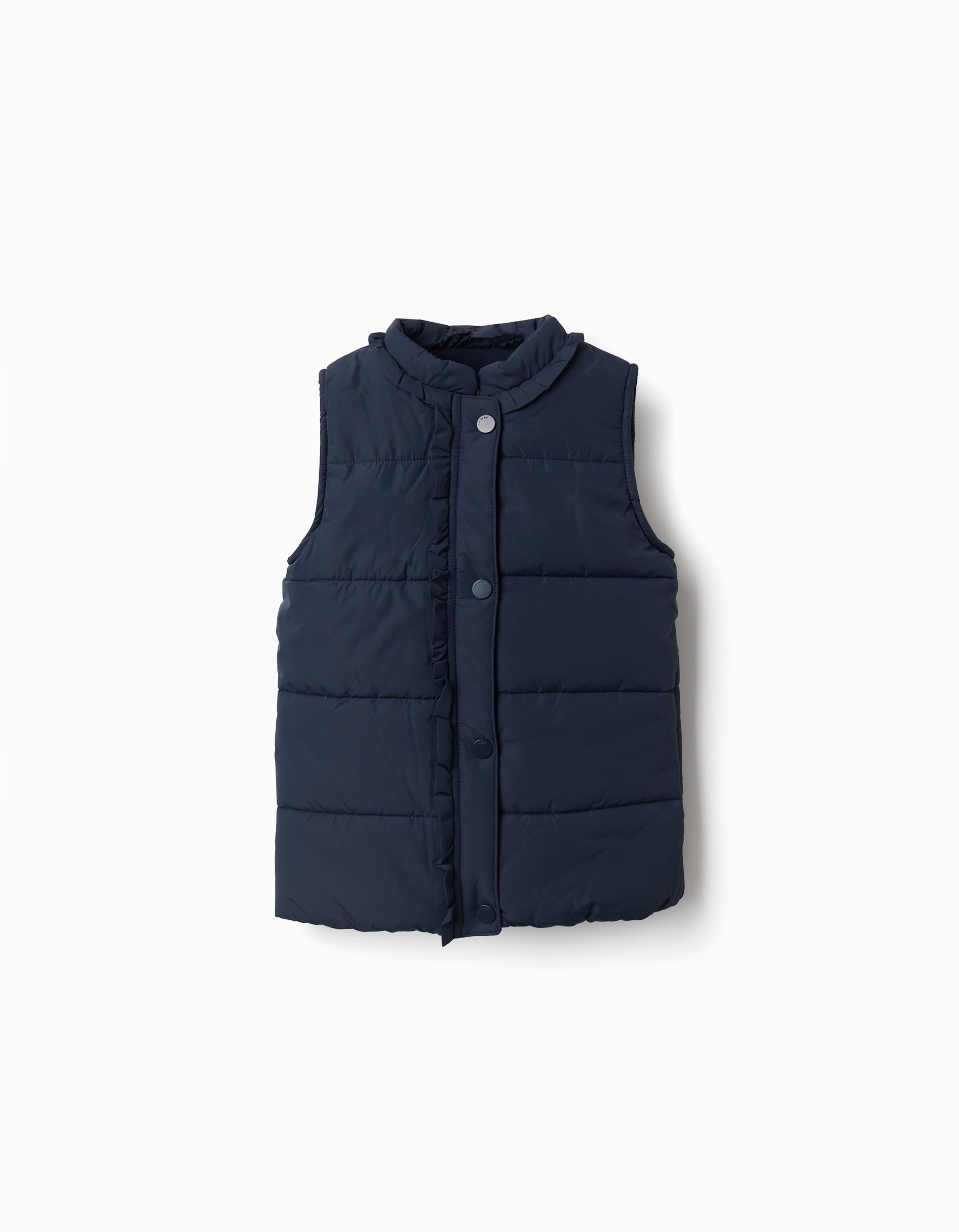 Puffer vest with polar fleece lining and ruffles for girls, navy blue