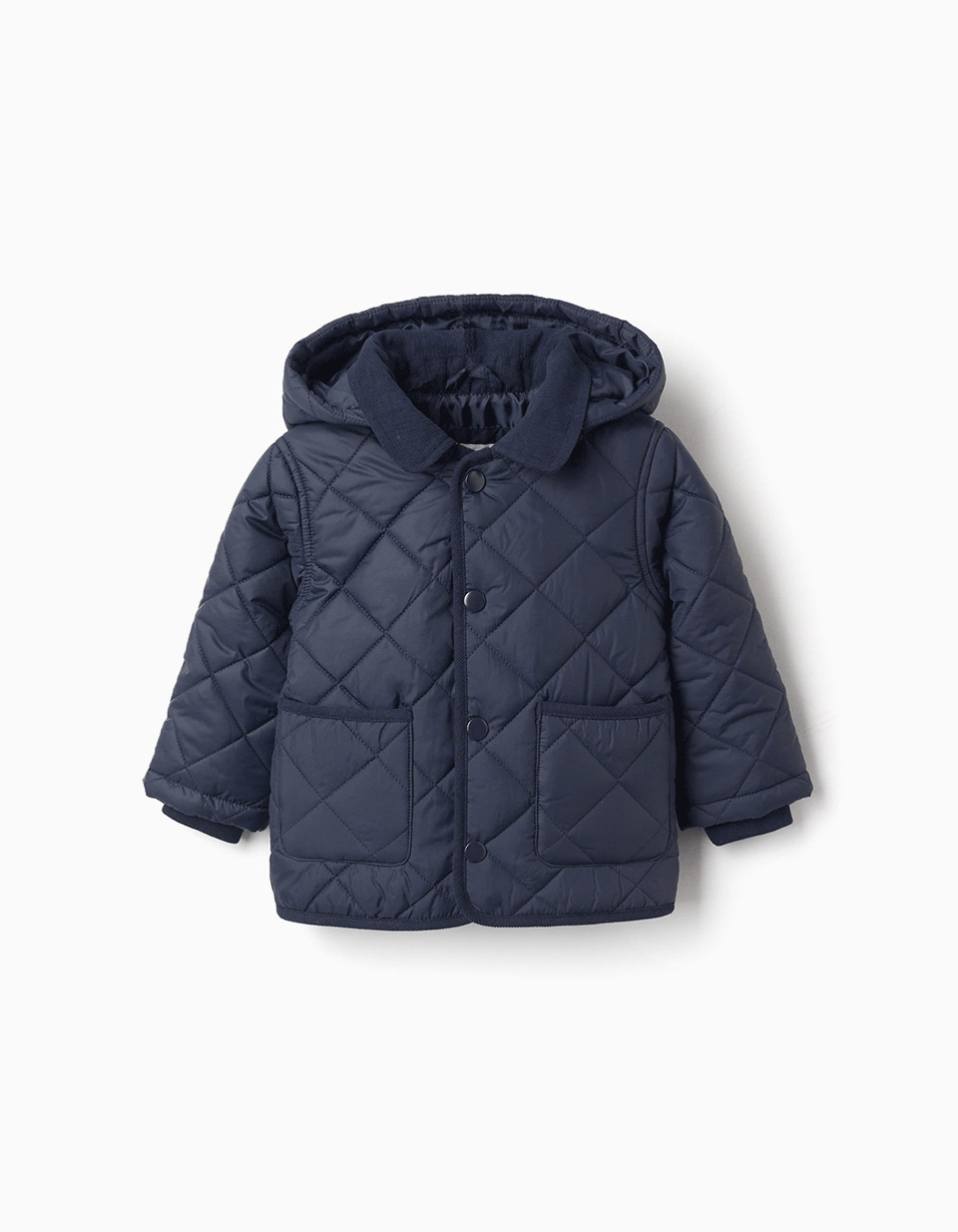Quilted jacket with detachable hood for babies, navy blue