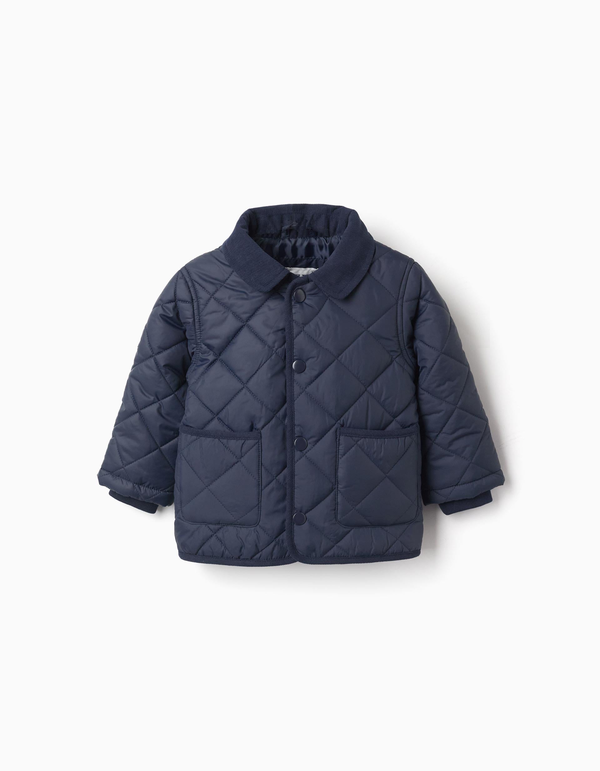 Quilted jacket with detachable hood for babies, navy blue