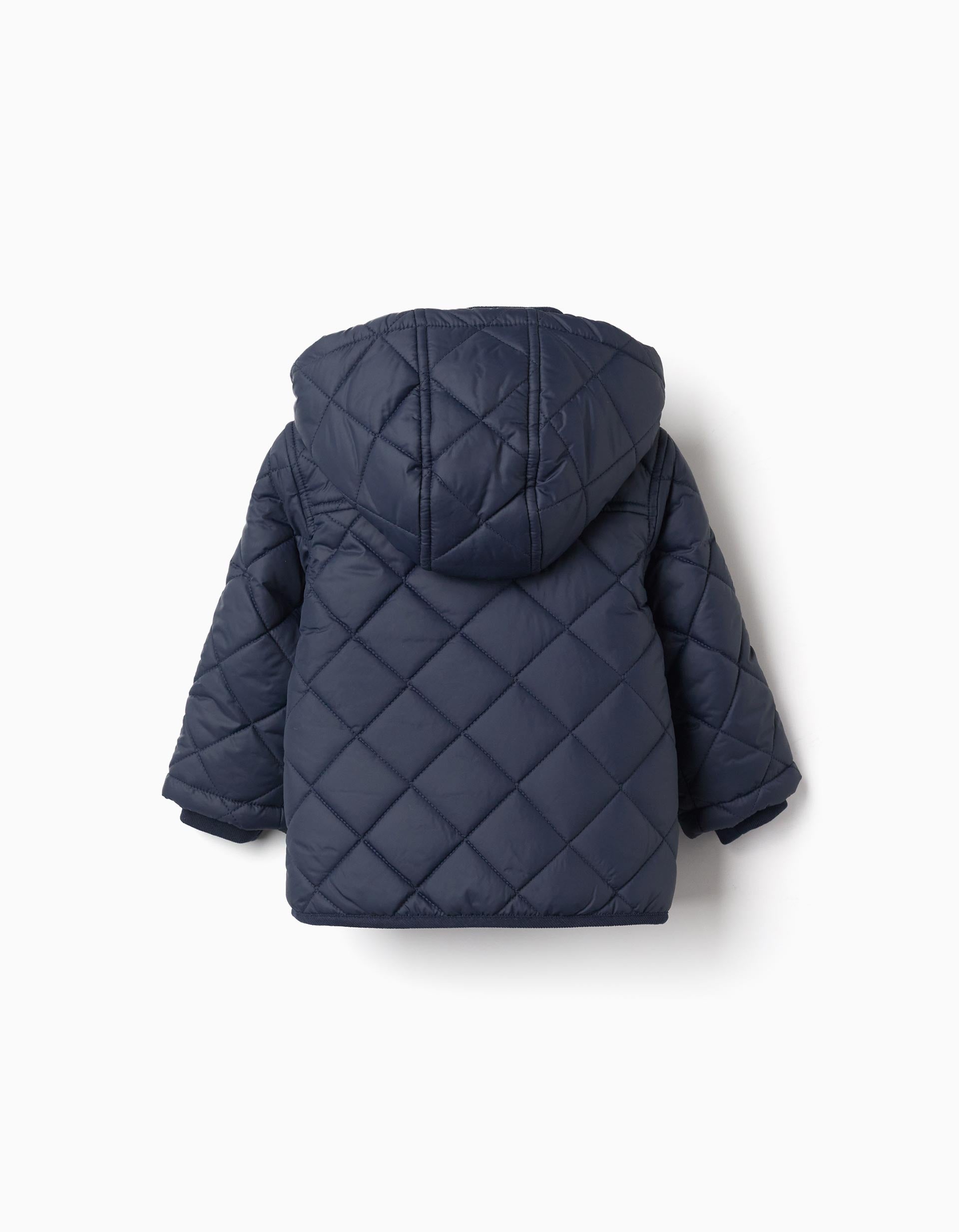 Quilted jacket with detachable hood for babies, navy blue