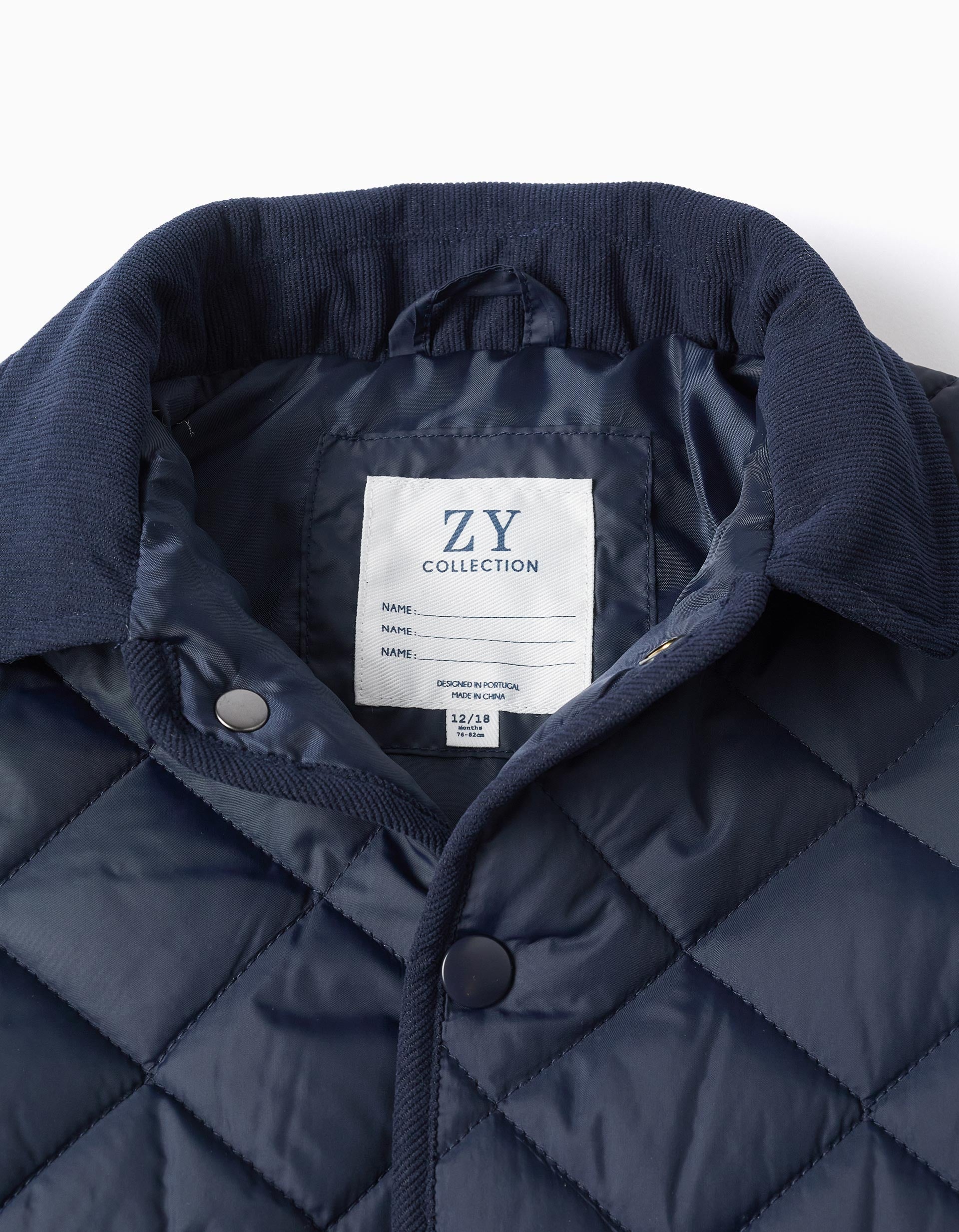 Quilted jacket with detachable hood for babies, navy blue