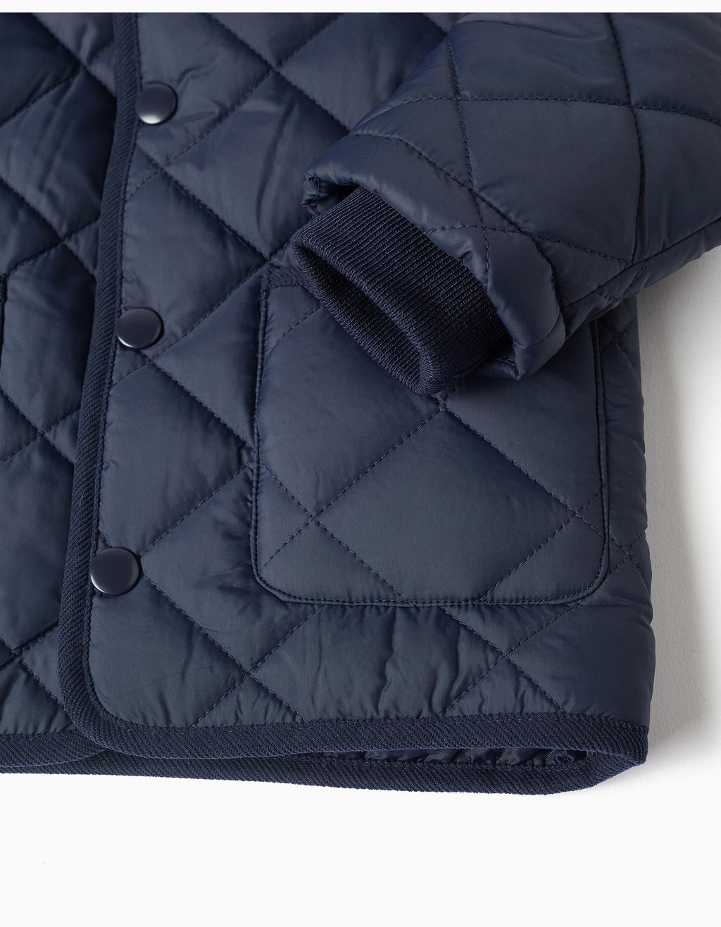 Quilted jacket with detachable hood for babies, navy blue