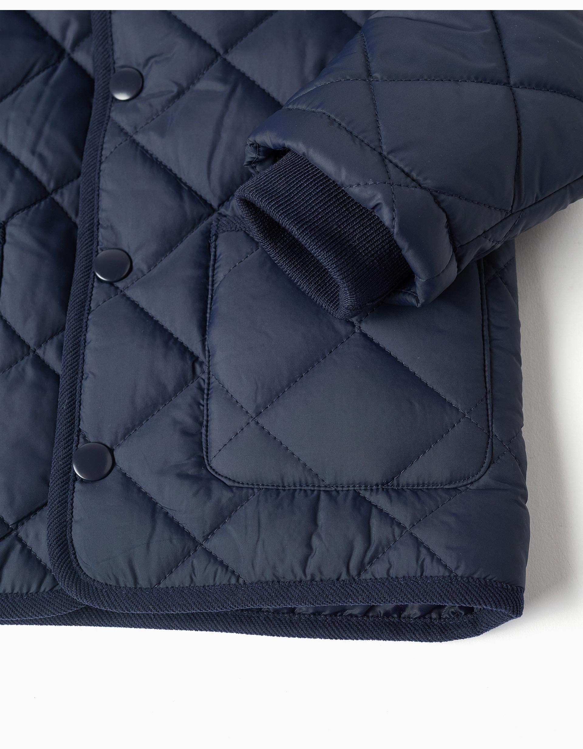 Quilted jacket with detachable hood for babies, navy blue