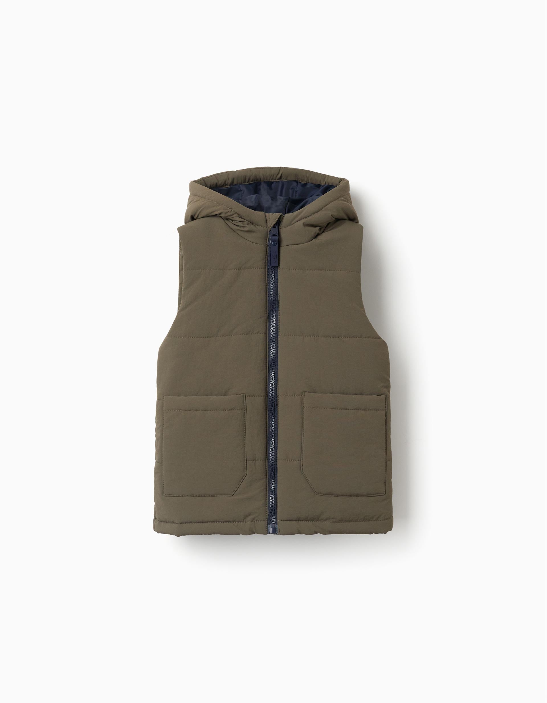 Hooded puffer vest with pockets for boys, brown