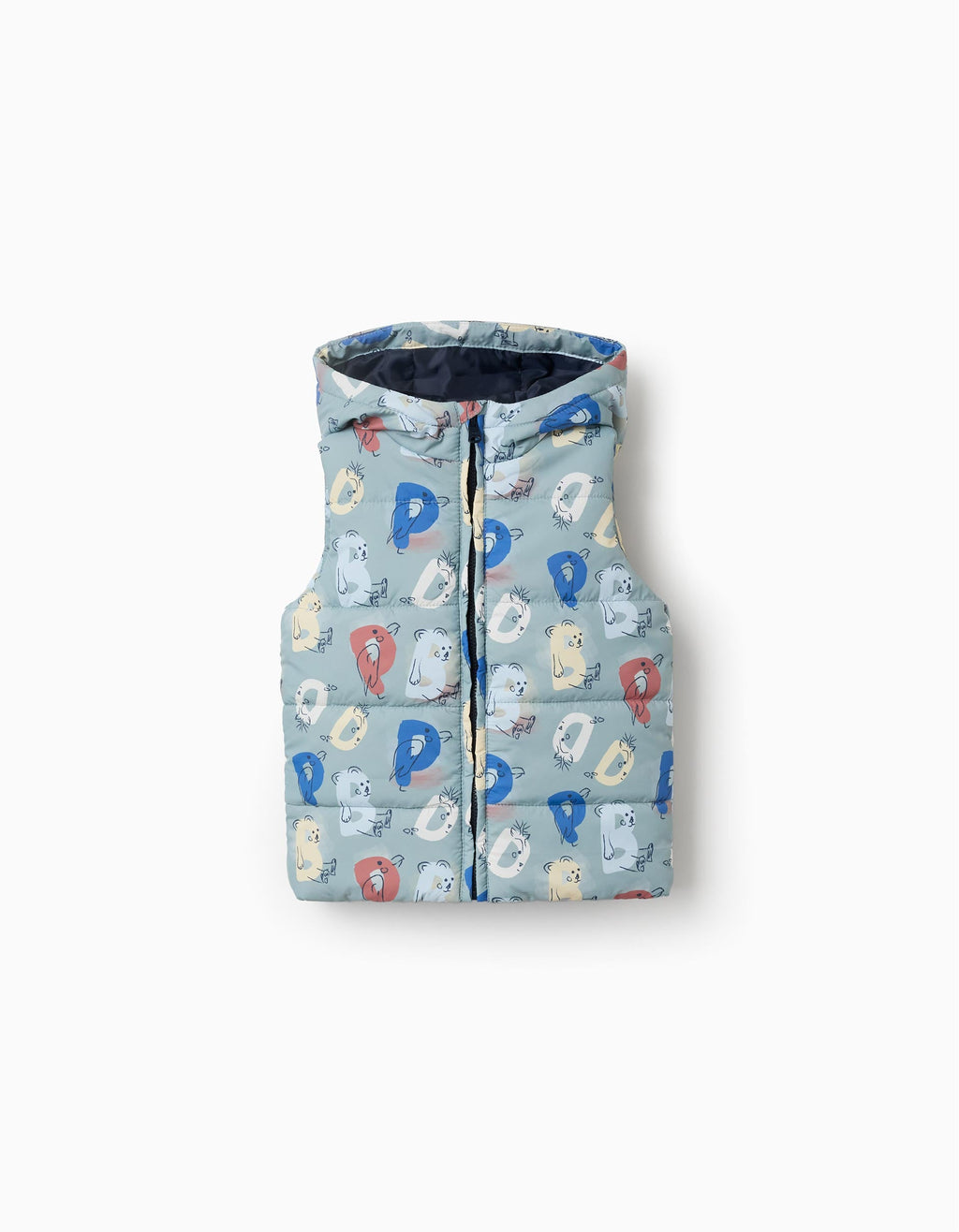 Hooded puffer vest with printed letters for baby boys, light green