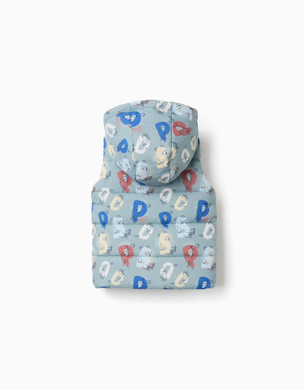 Hooded puffer vest with printed letters for baby boys, light green
