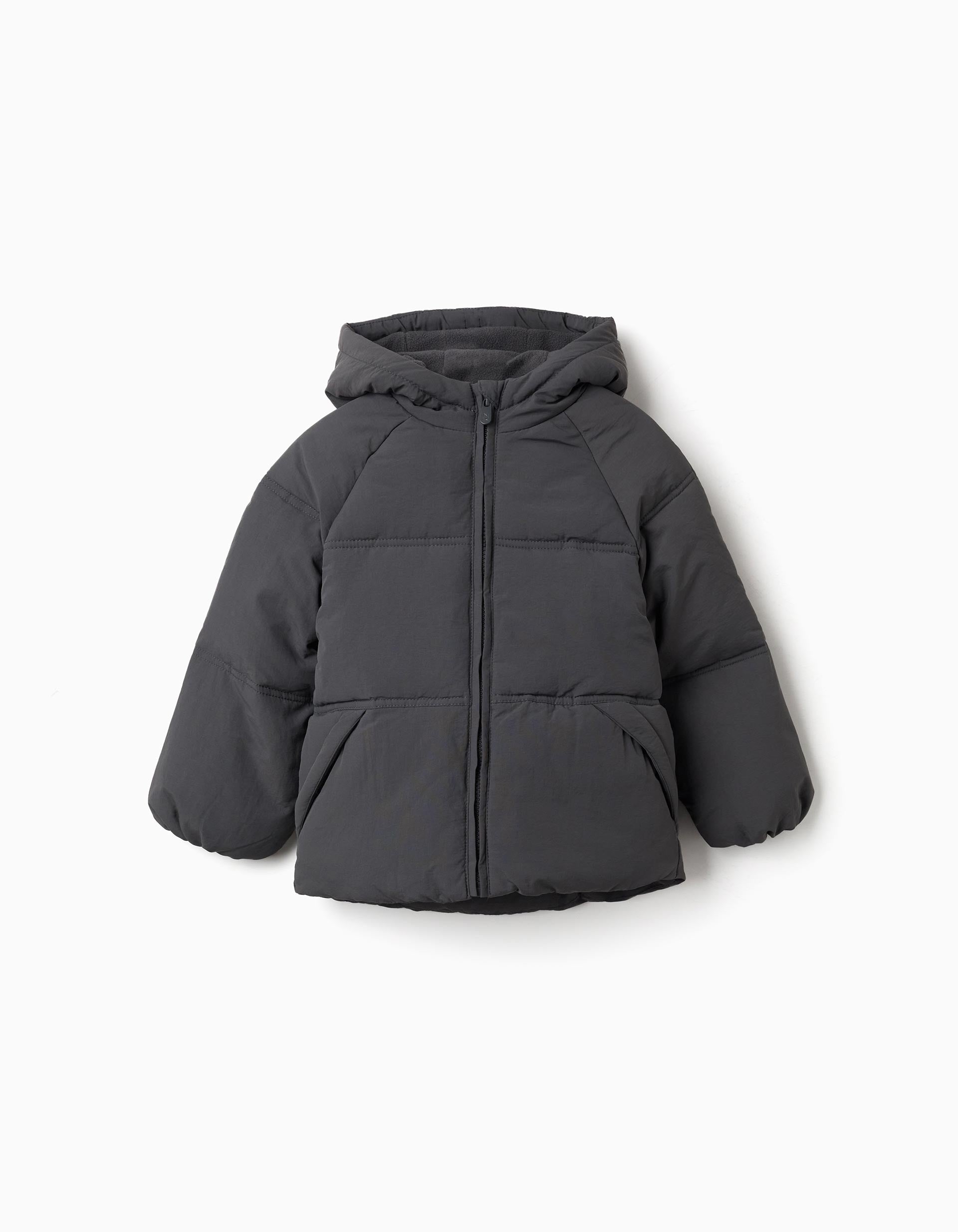 Hooded puffer jacket with polar fleece lining for girls, dark grey