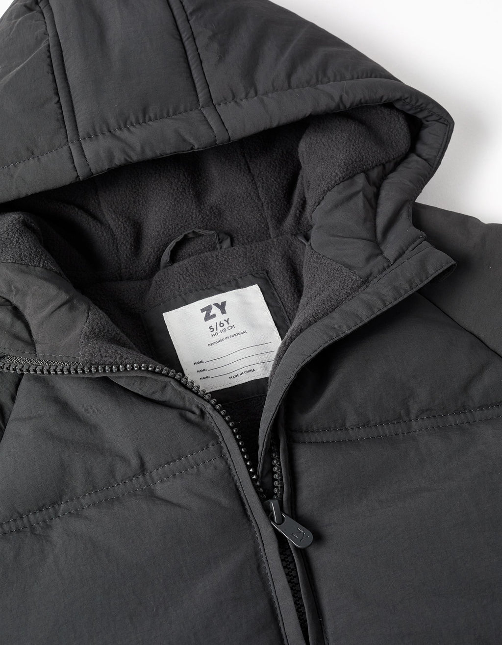 Hooded puffer jacket with polar fleece lining for girls, dark grey