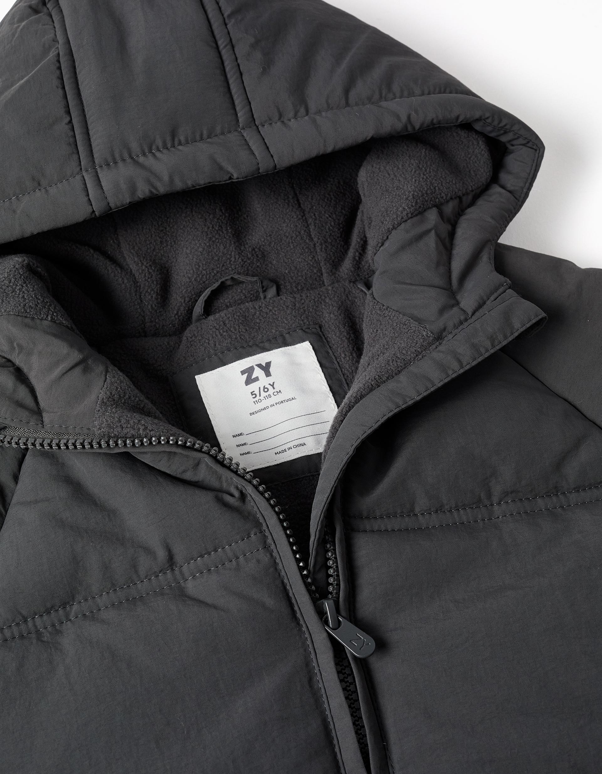 Hooded puffer jacket with polar fleece lining for girls, dark grey