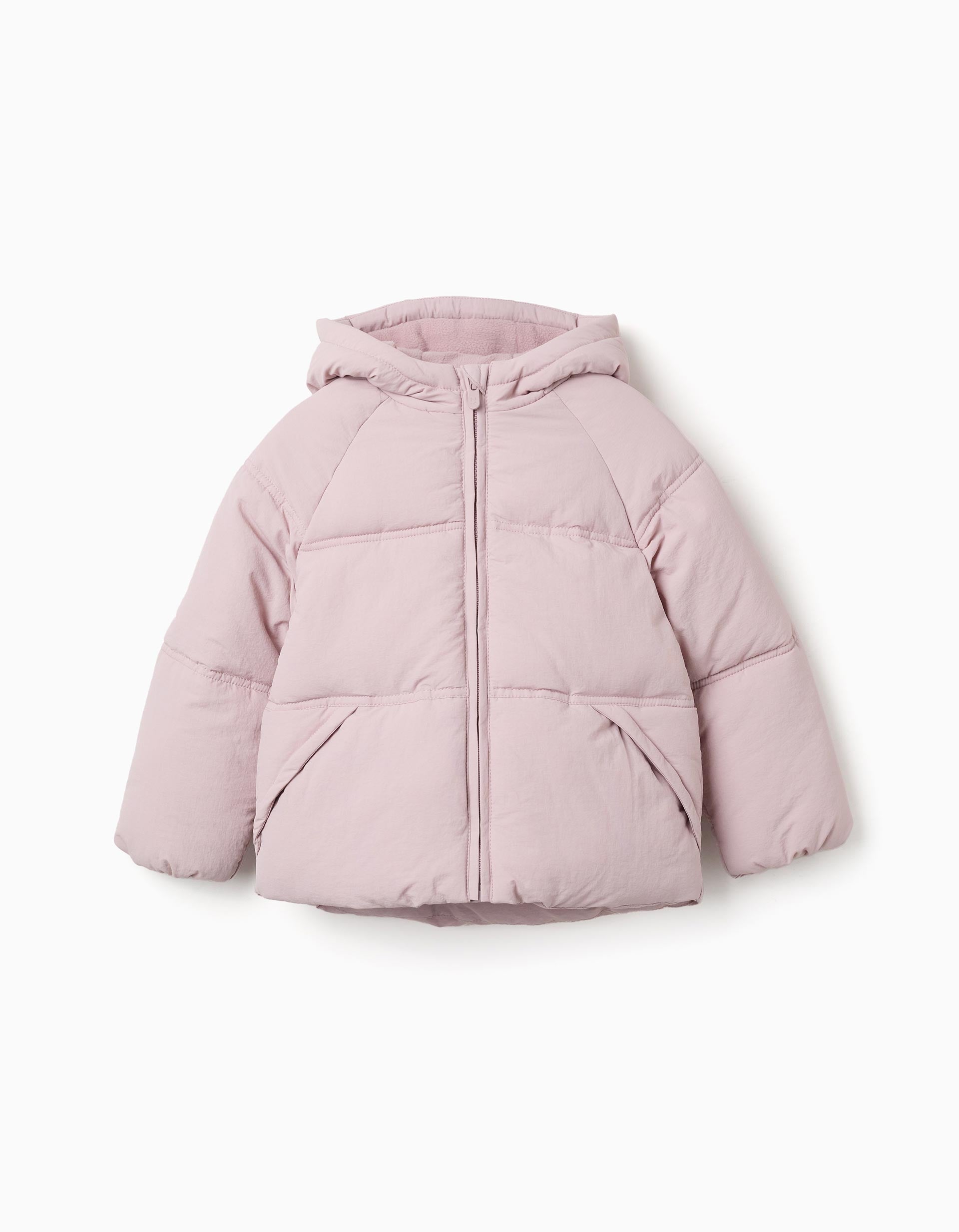 Hooded puffer jacket with polar fleece lining for girls, light purple