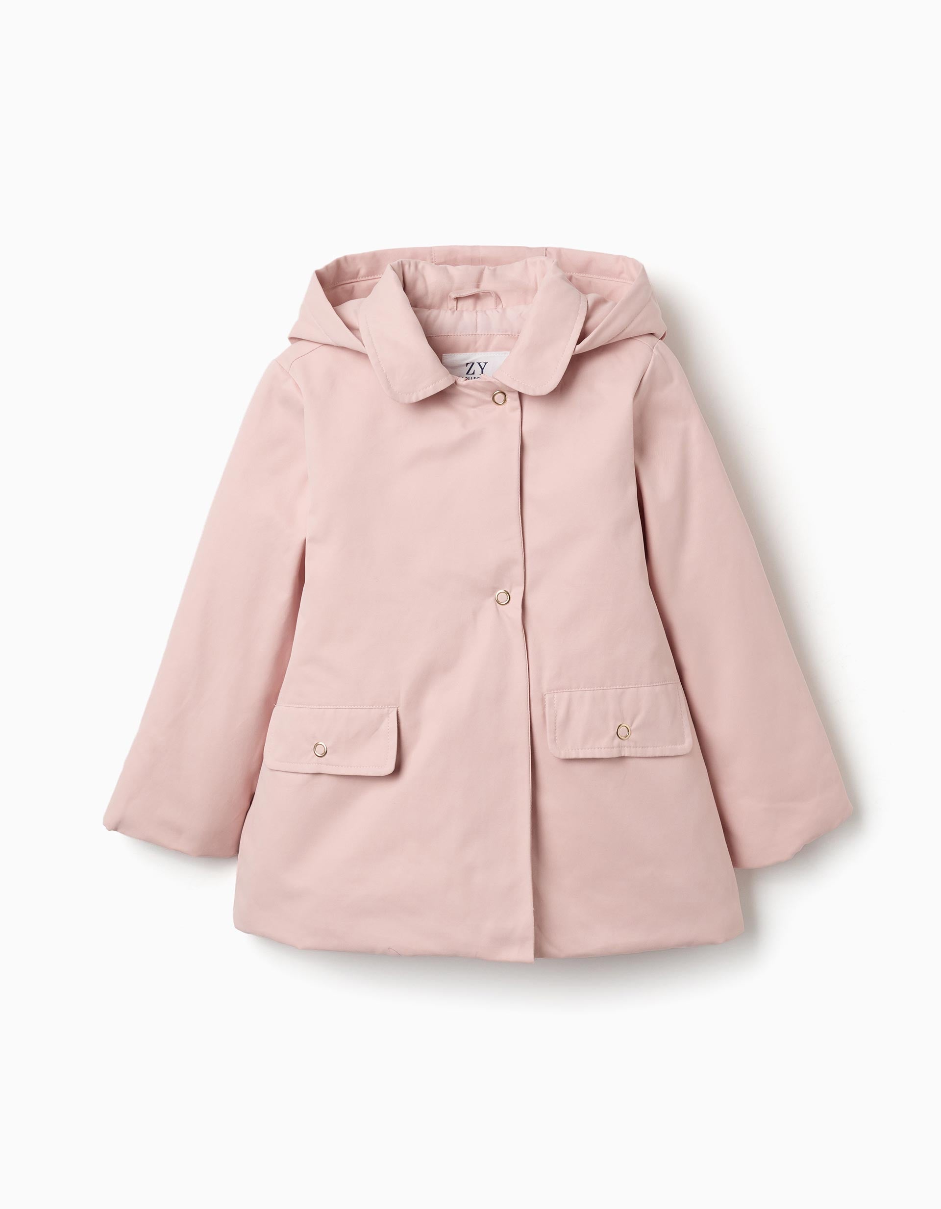 Padded parka with detachable hood and pockets for girls, light pink