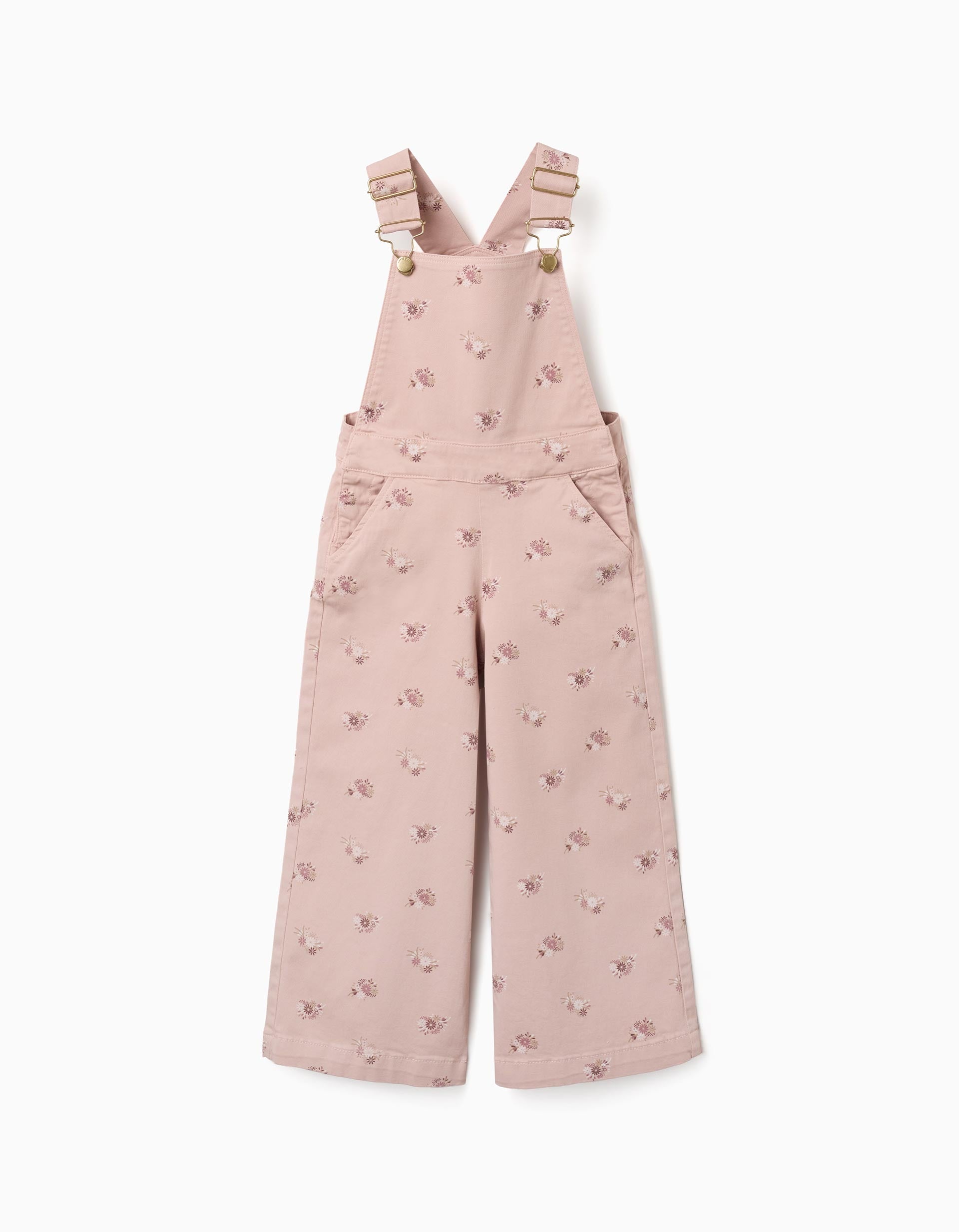 Wide leg twill dungarees with floral pattern for girls, light pink