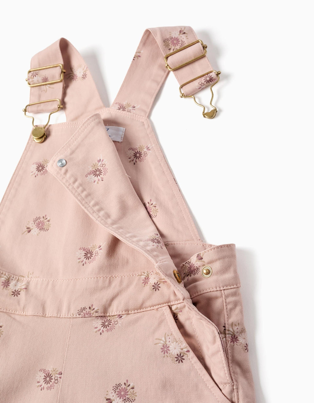 Wide leg twill dungarees with floral pattern for girls, light pink