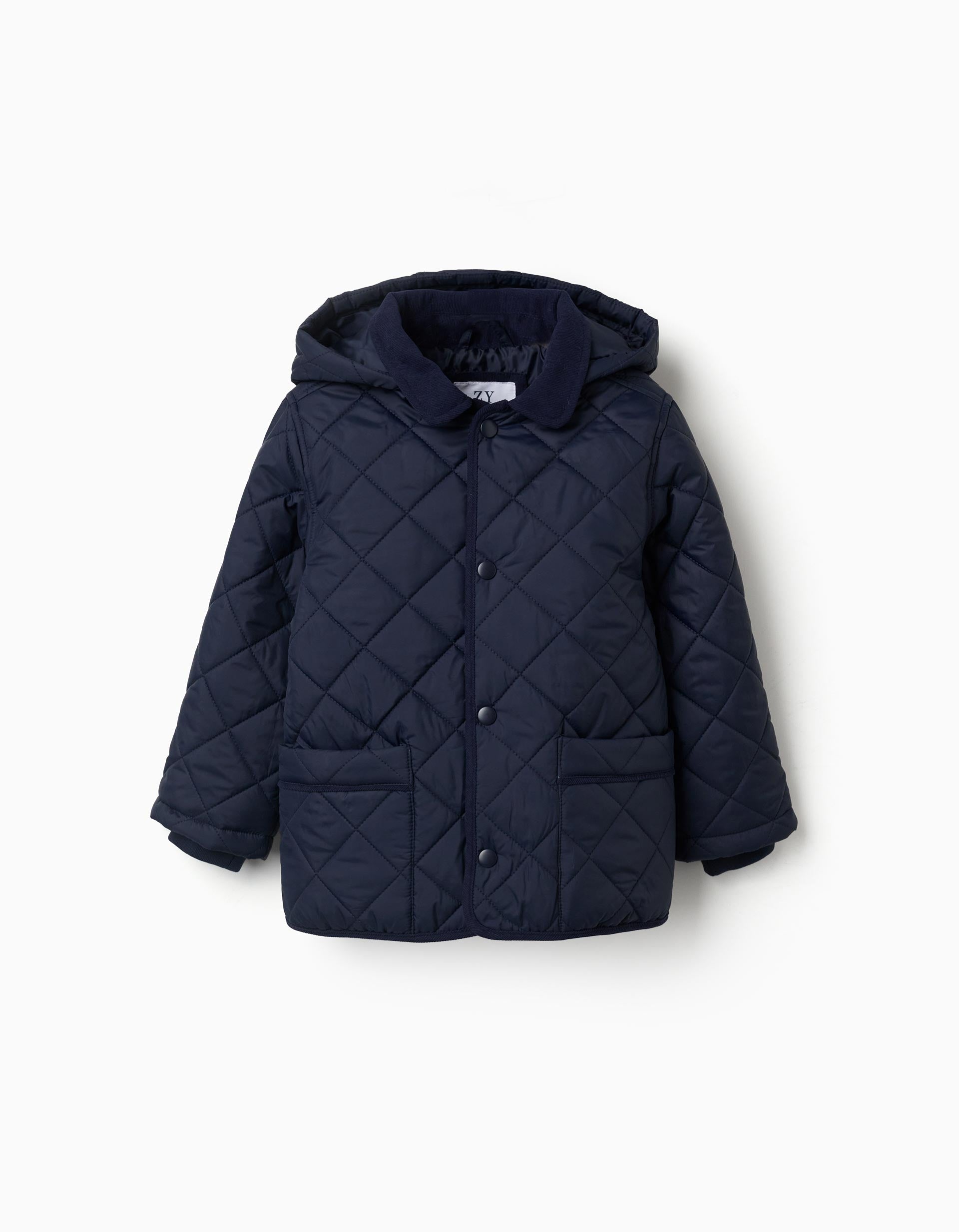 Quilted jacket with detachable hood for children, navy blue