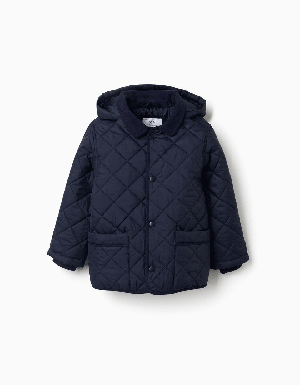 Quilted jacket with detachable hood for children, navy blue