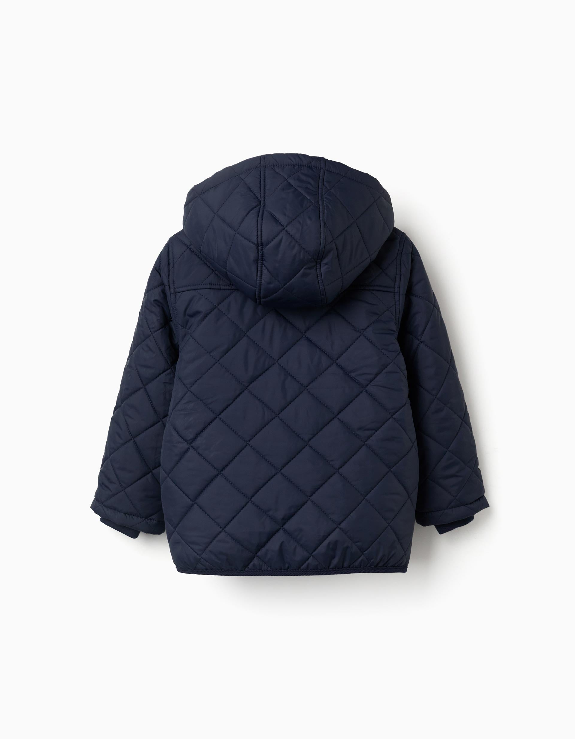Quilted jacket with detachable hood for children, navy blue