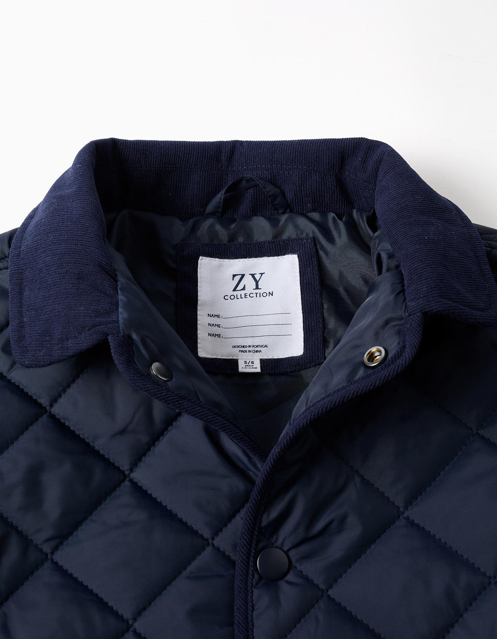 Quilted jacket with detachable hood for children, navy blue