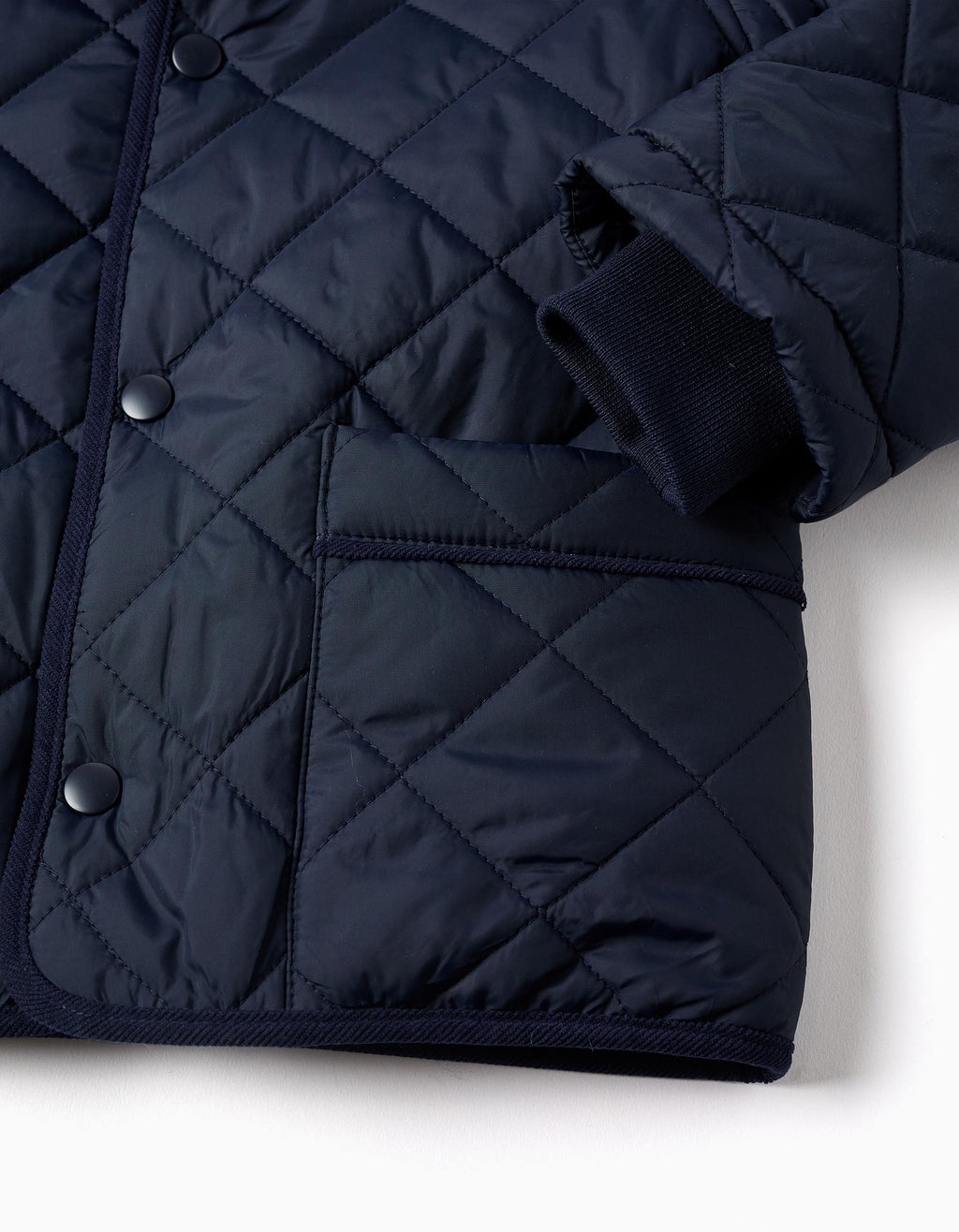 Quilted jacket with detachable hood for children, navy blue