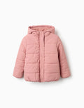 Hooded puffer jacket with polar fleece lining for girls, pink