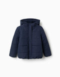 Hooded puffer jacket with polar fleece lining for girls, navy blue