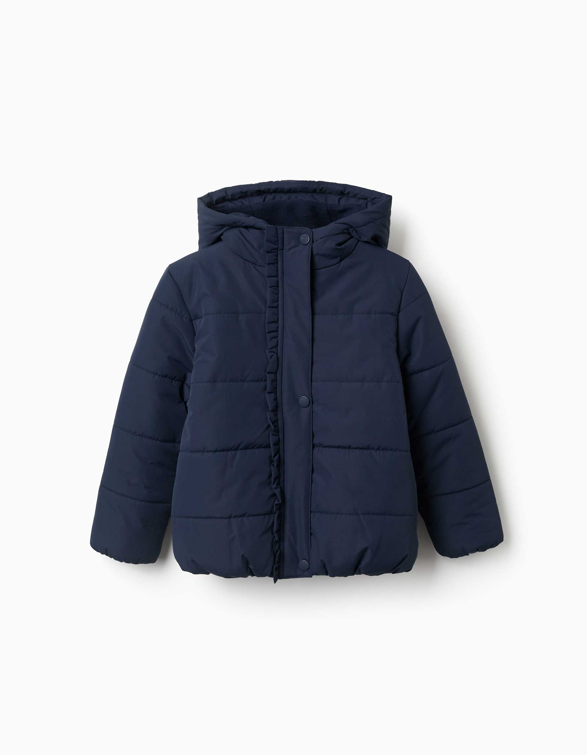 Hooded puffer jacket with polar fleece lining for girls, navy blue