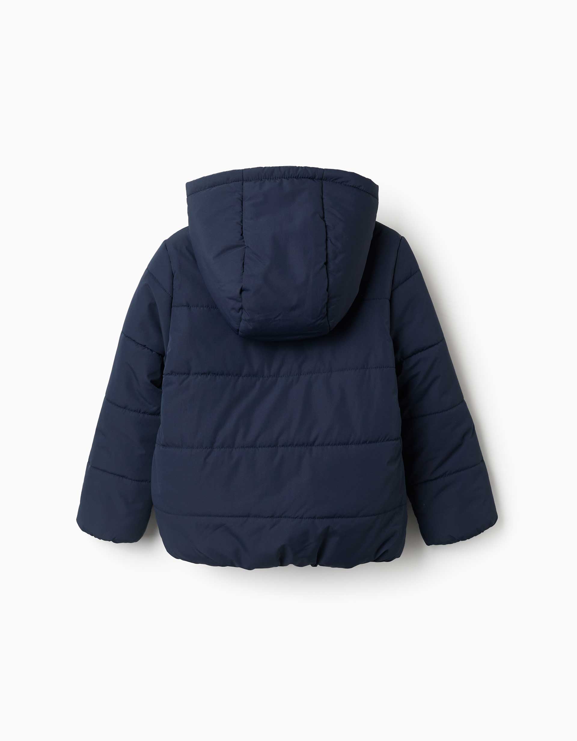 Hooded puffer jacket with polar fleece lining for girls, navy blue