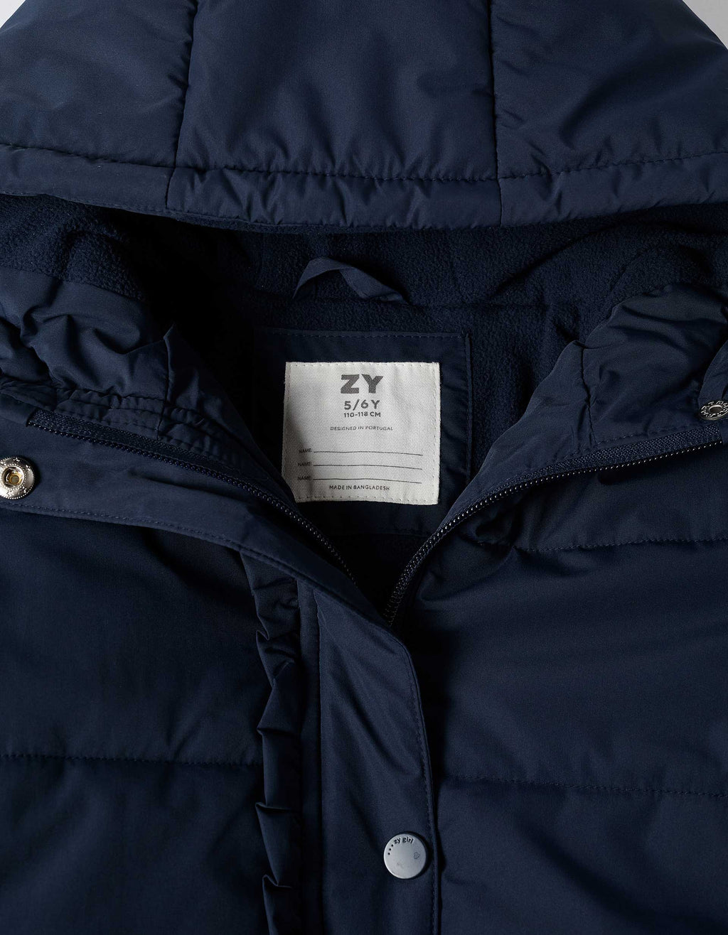 Hooded puffer jacket with polar fleece lining for girls, navy blue