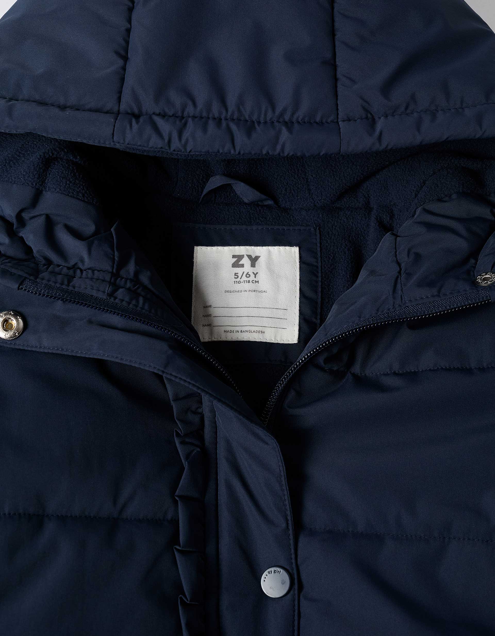 Hooded puffer jacket with polar fleece lining for girls, navy blue