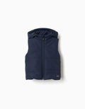 Hooded puffer vest with front zip for babies, navy blue