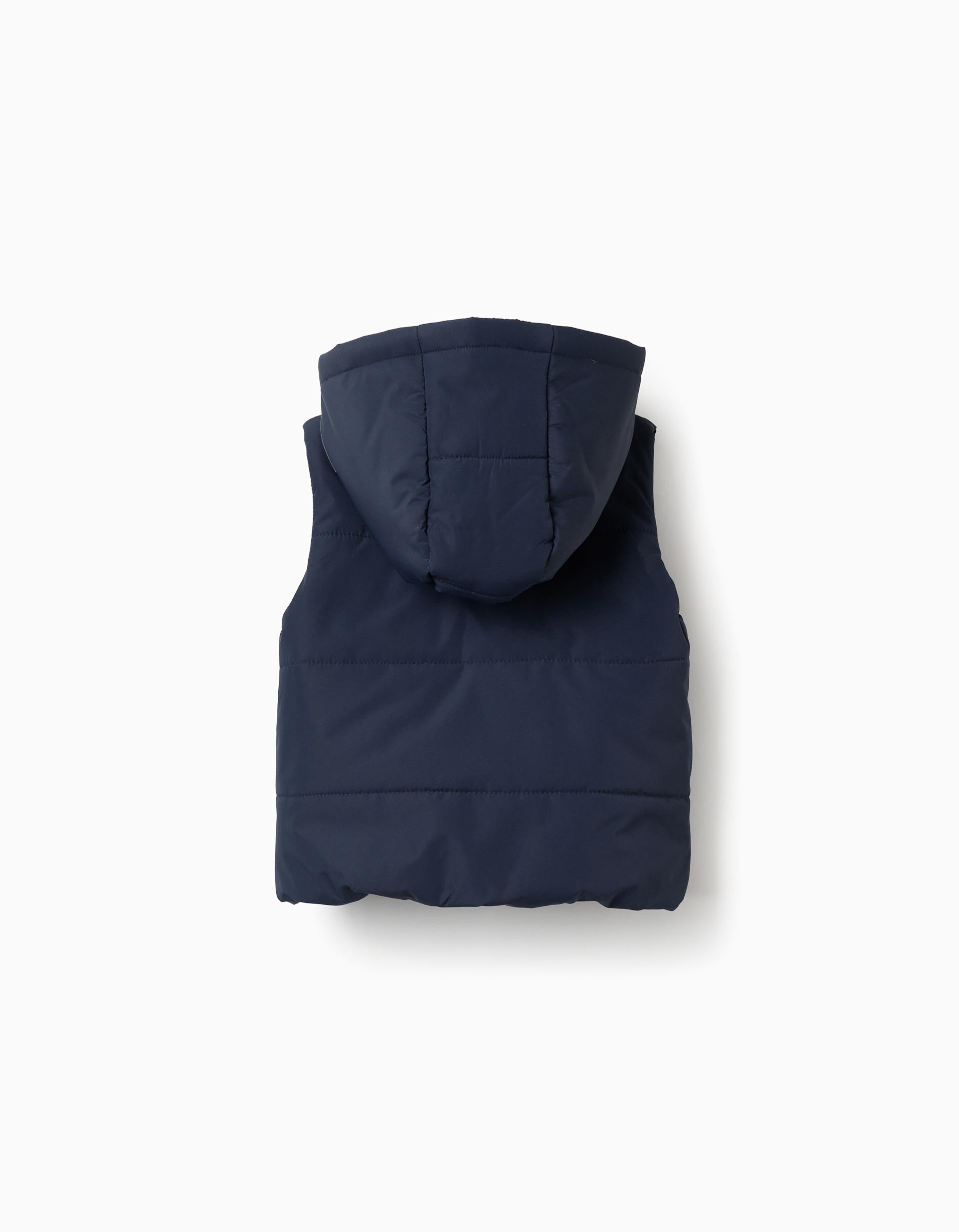Hooded puffer vest with front zip for babies, navy blue