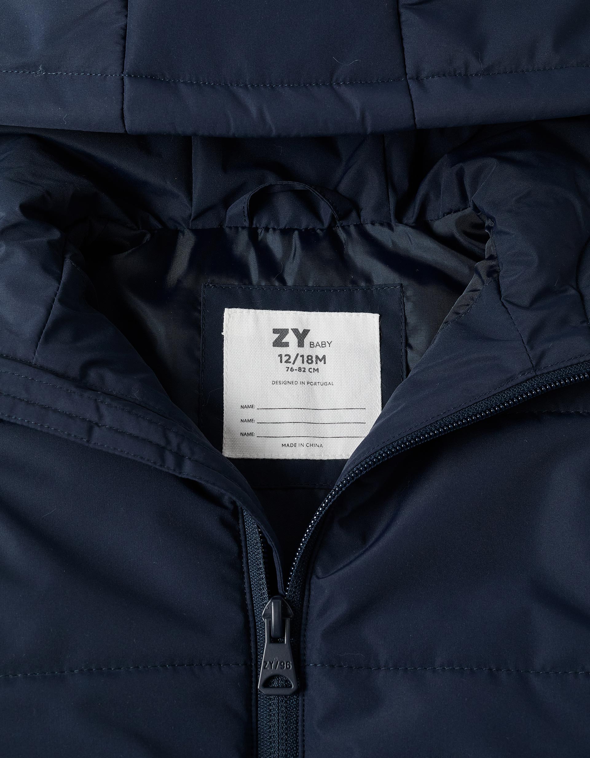 Hooded puffer vest with front zip for babies, navy blue
