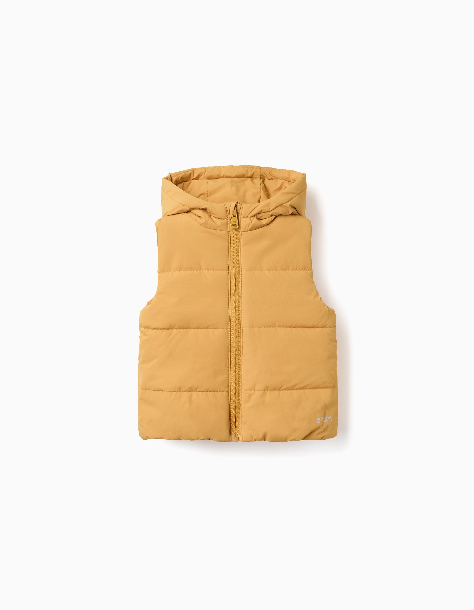 Hooded puffer vest with front zip for babies, mustard yellow