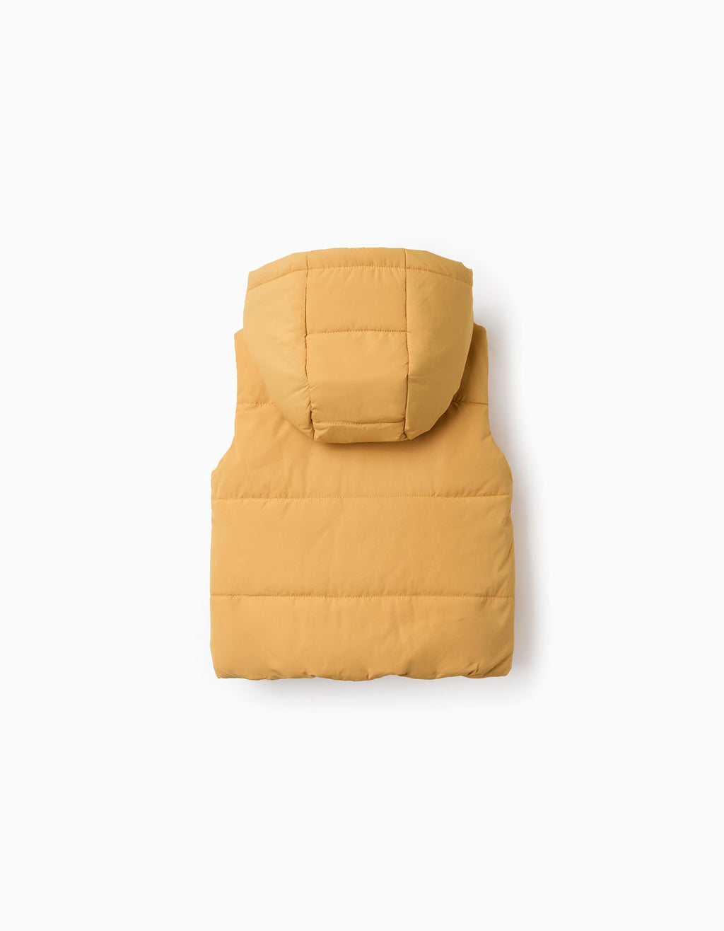 Hooded puffer vest with front zip for babies, mustard yellow