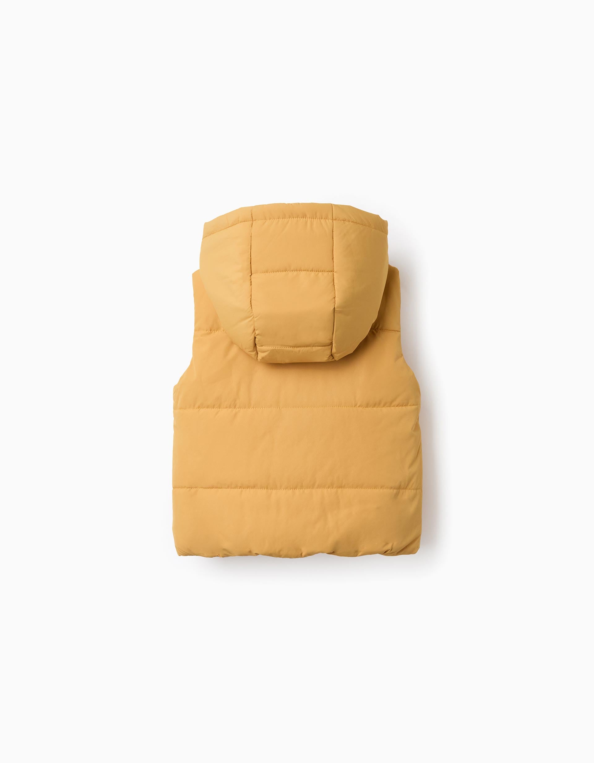 Hooded puffer vest with front zip for babies, mustard yellow