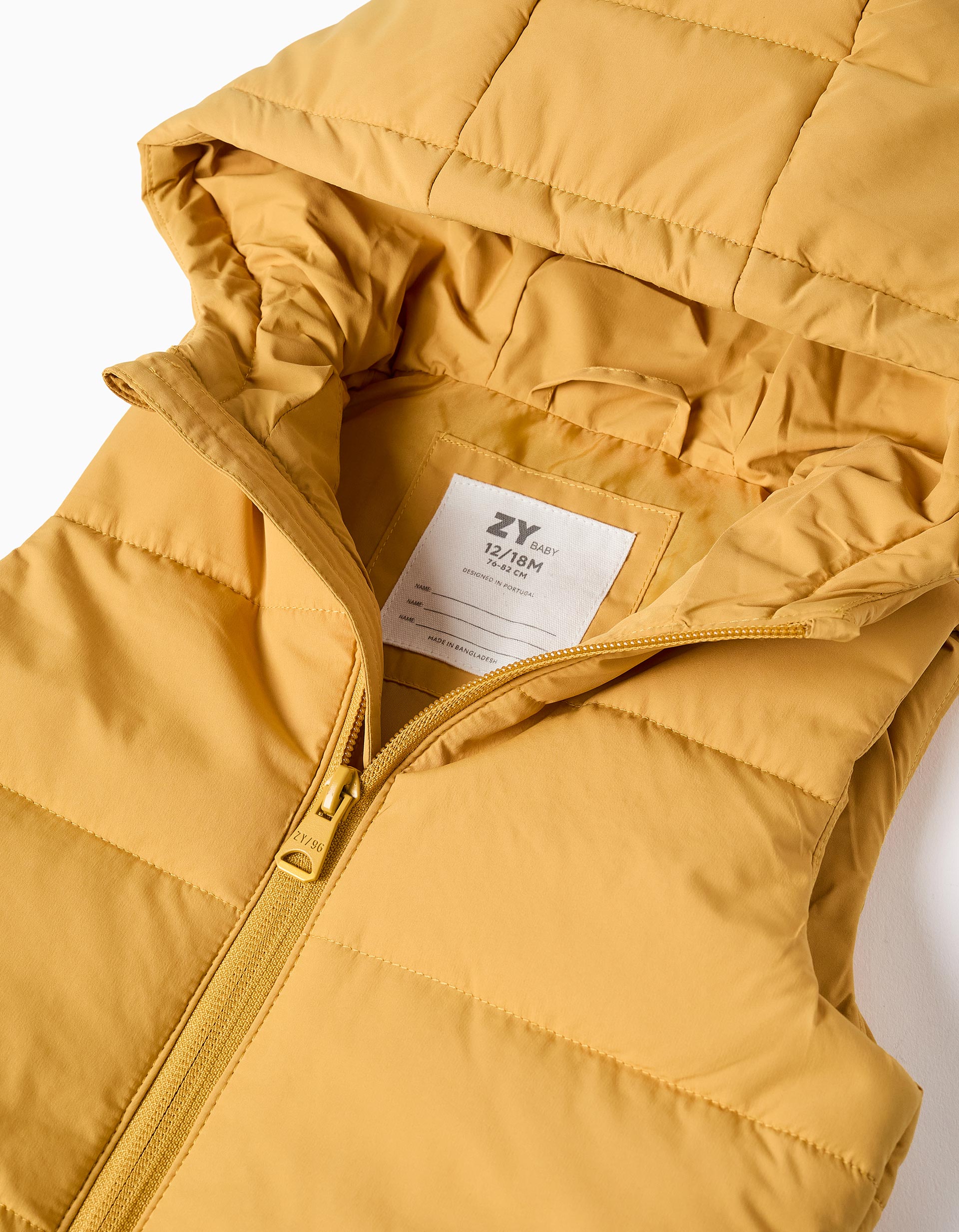 Hooded puffer vest with front zip for babies, mustard yellow