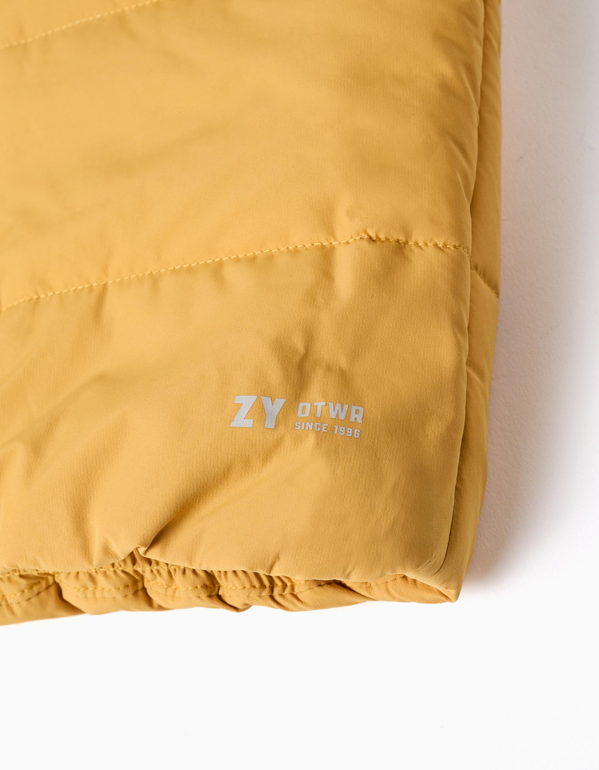 Hooded puffer vest with front zip for babies, mustard yellow