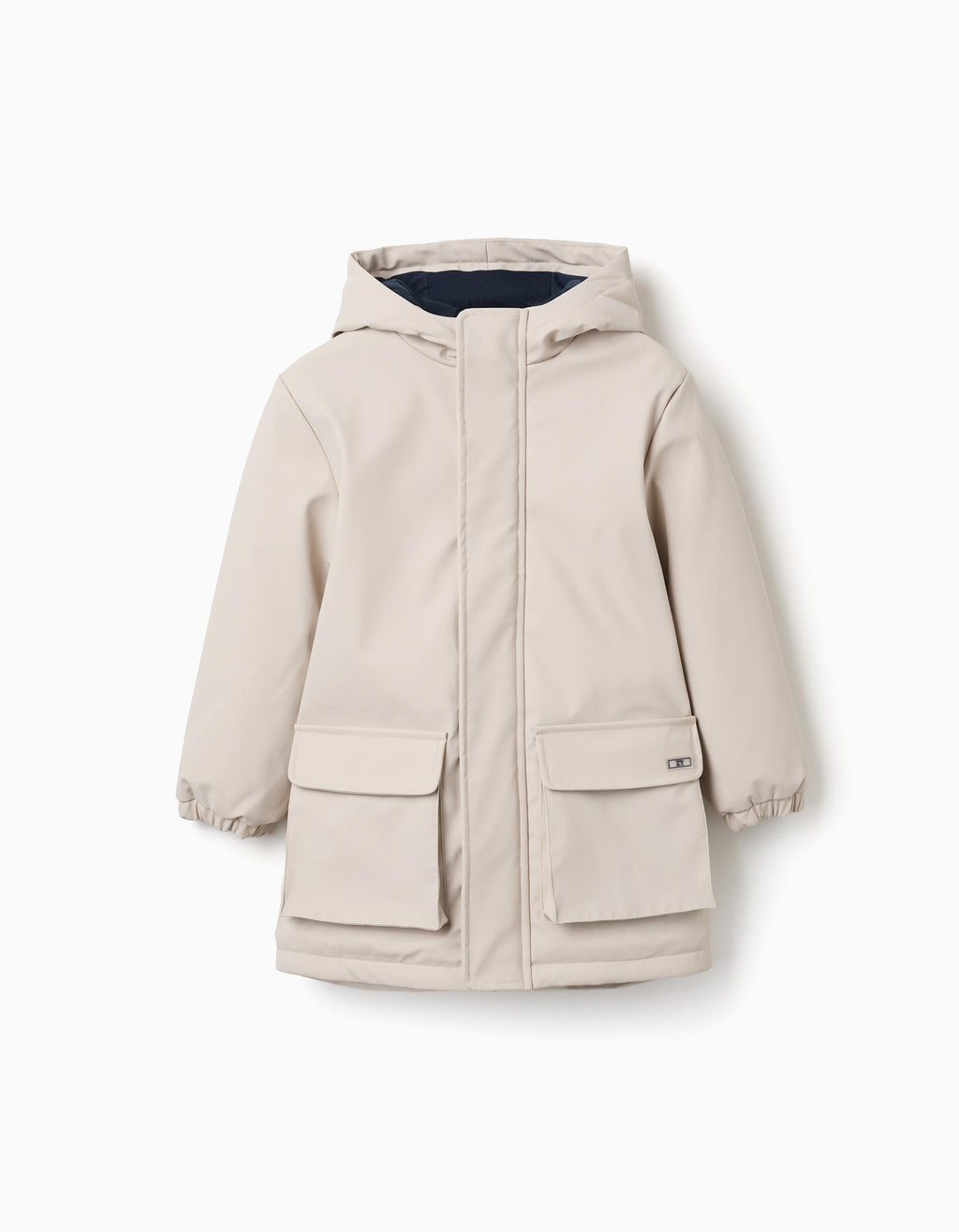 Hooded padded parka with front pockets for boys, light beige