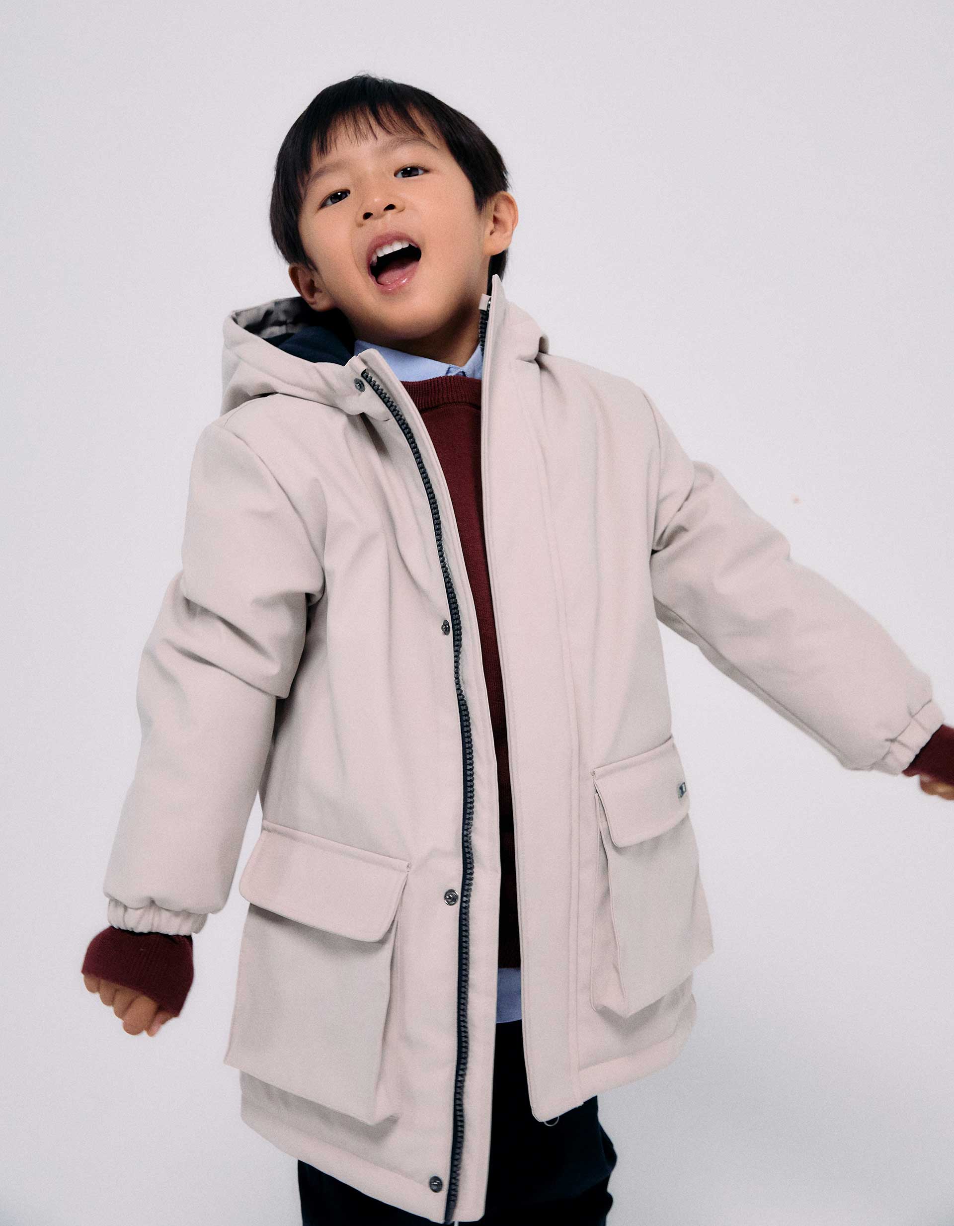 Hooded padded parka with front pockets for boys, light beige