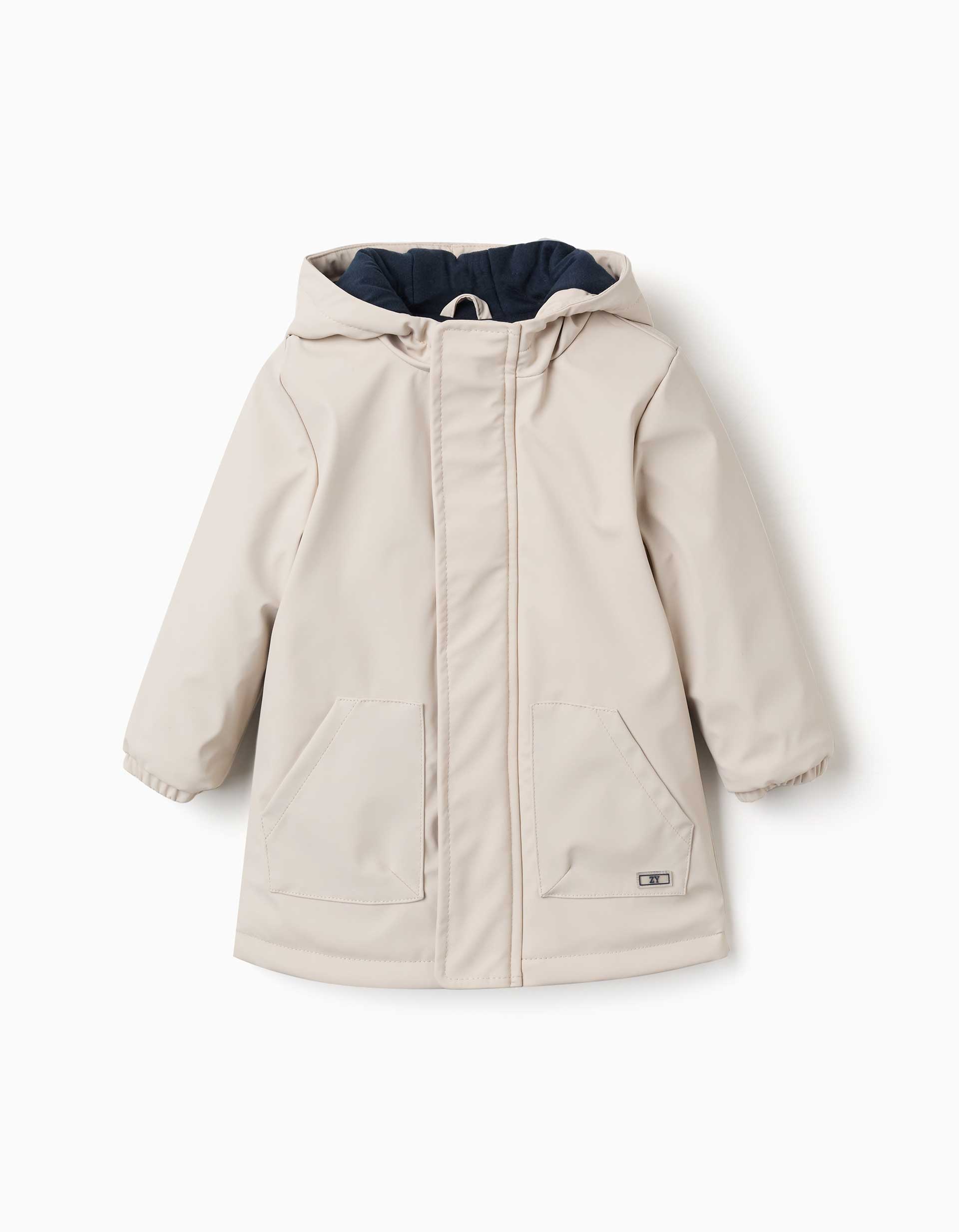 Hooded padded parka with front pockets for baby boys, light beige