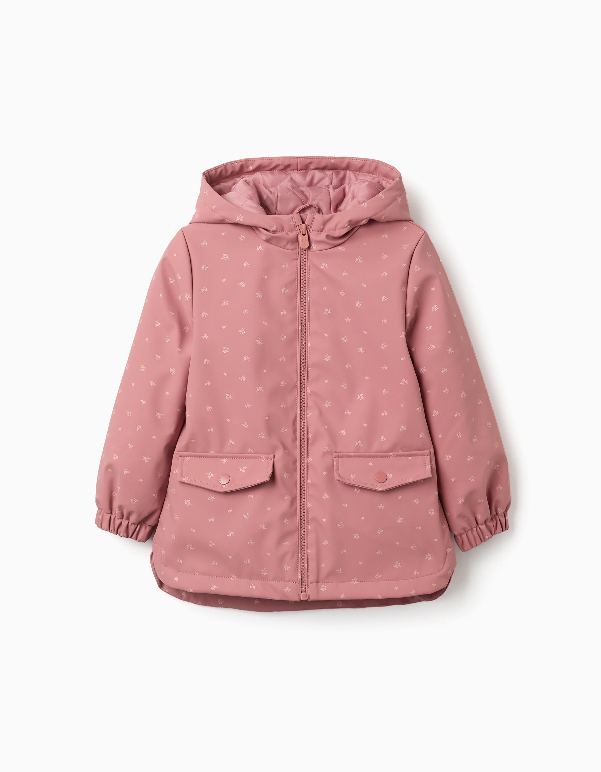 Padded rubber parka with hood and floral print for girls, pink