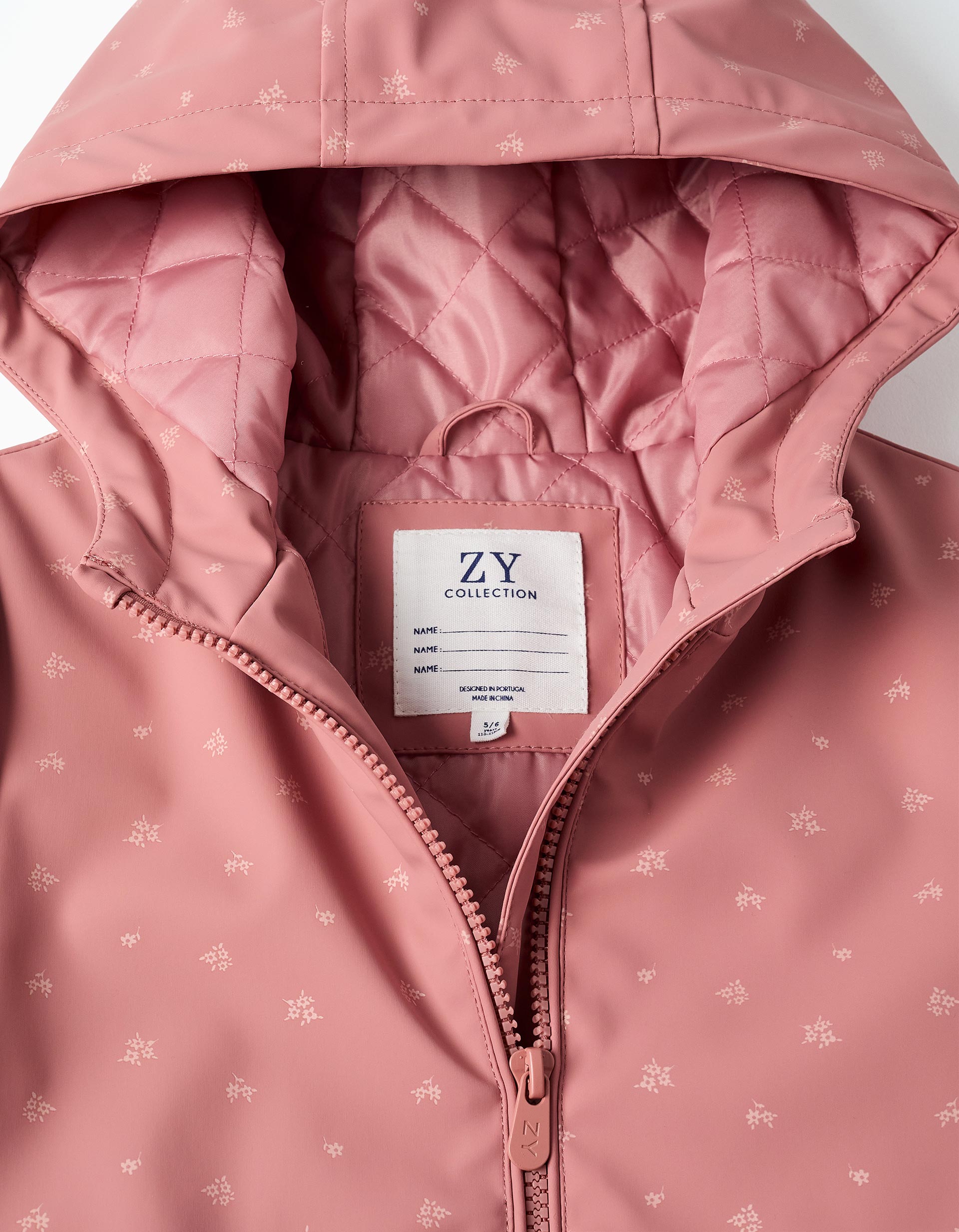 Padded rubber parka with hood and floral print for girls, pink