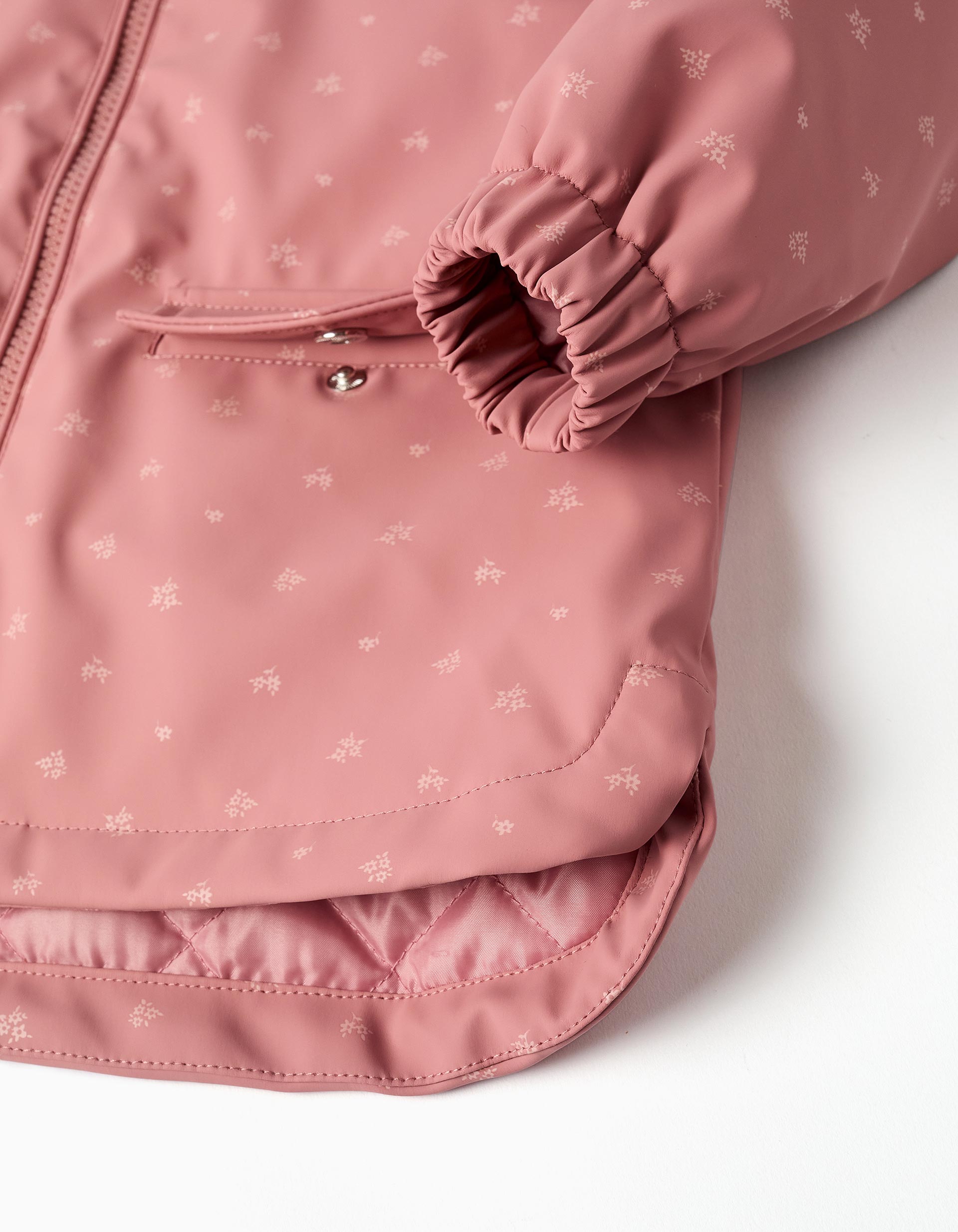 Padded rubber parka with hood and floral print for girls, pink