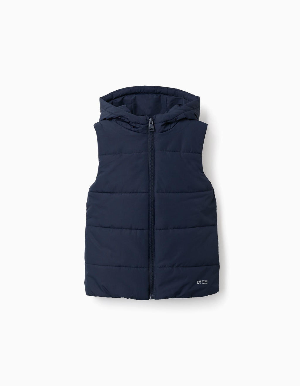 Hooded puffer vest with front zip for children, navy blue