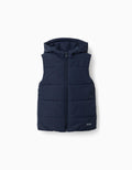 Hooded puffer vest with front zip for children, navy blue
