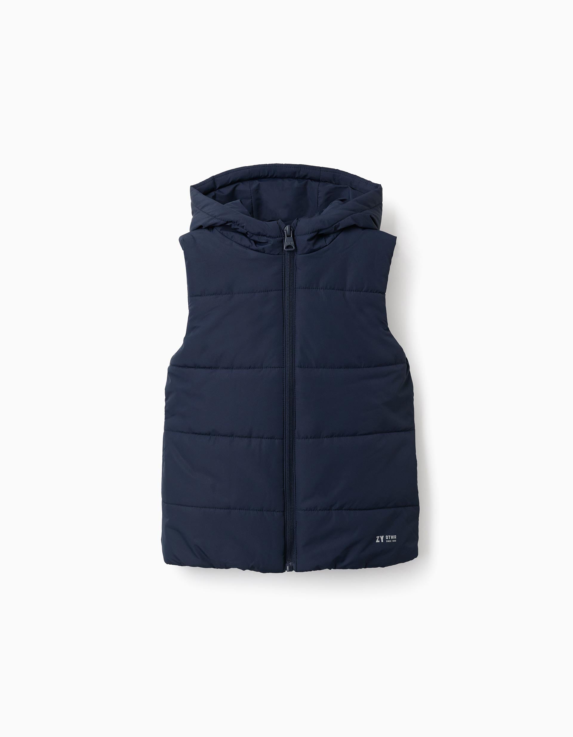 Hooded puffer vest with front zip for children, navy blue