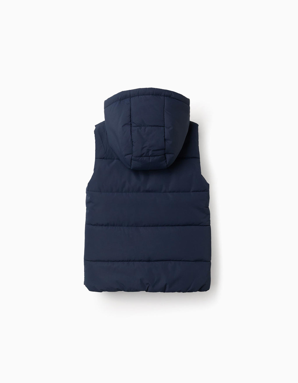 Hooded puffer vest with front zip for children, navy blue