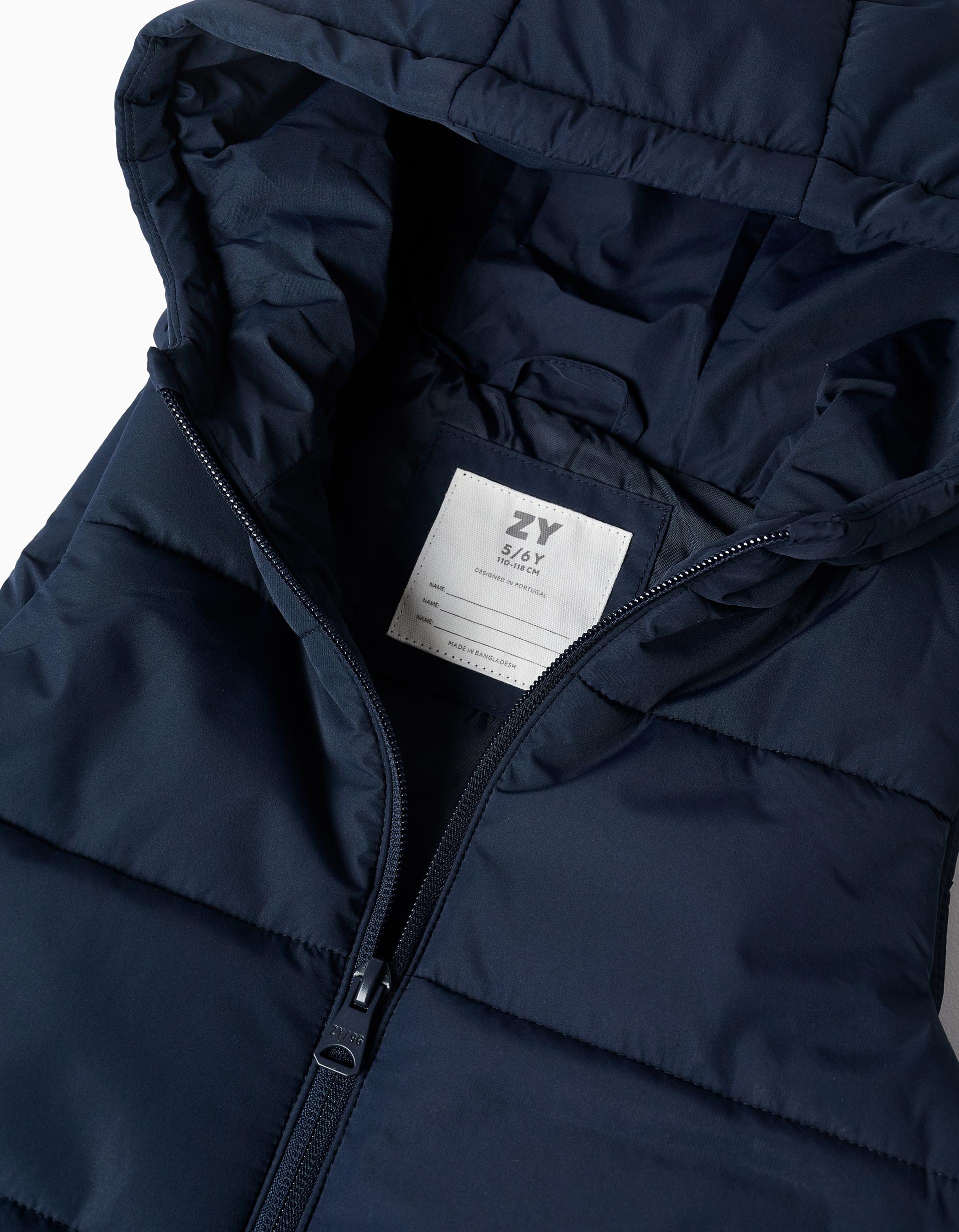 Hooded puffer vest with front zip for children, navy blue